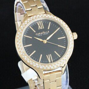 Caravelle New York Ladies Casual Watch Swarovski Crystal Bezel Gold Tone 37mm